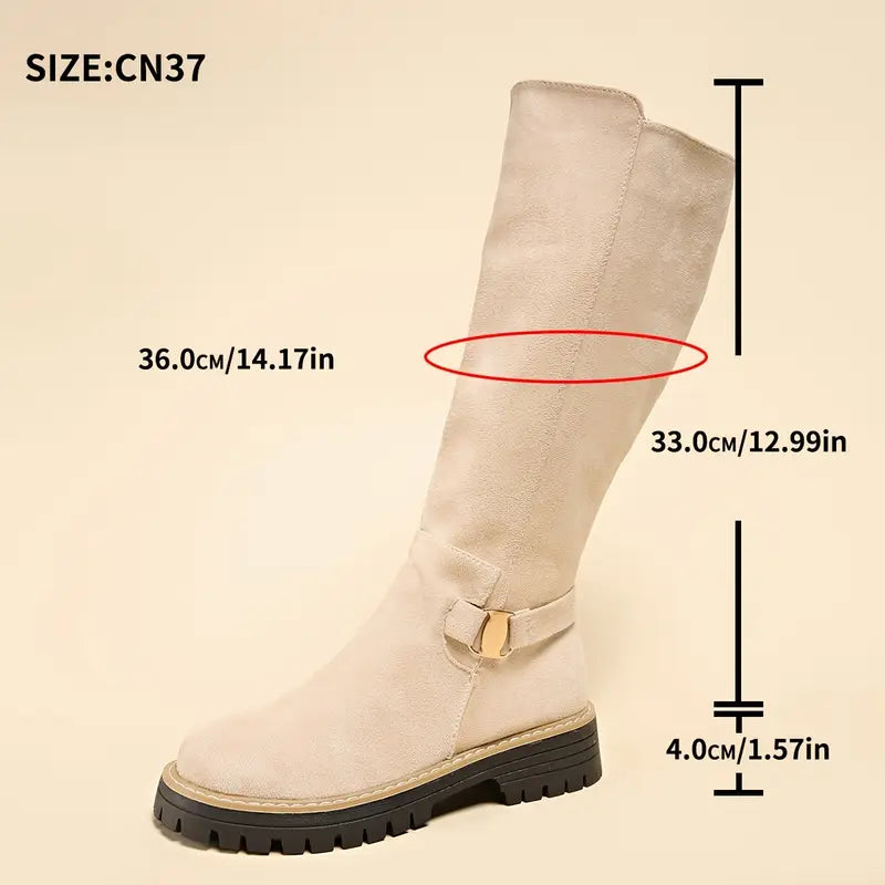 Cream tall boot on a plain background with measurement lines marking the shaft height, calf width and sole thickness. 10