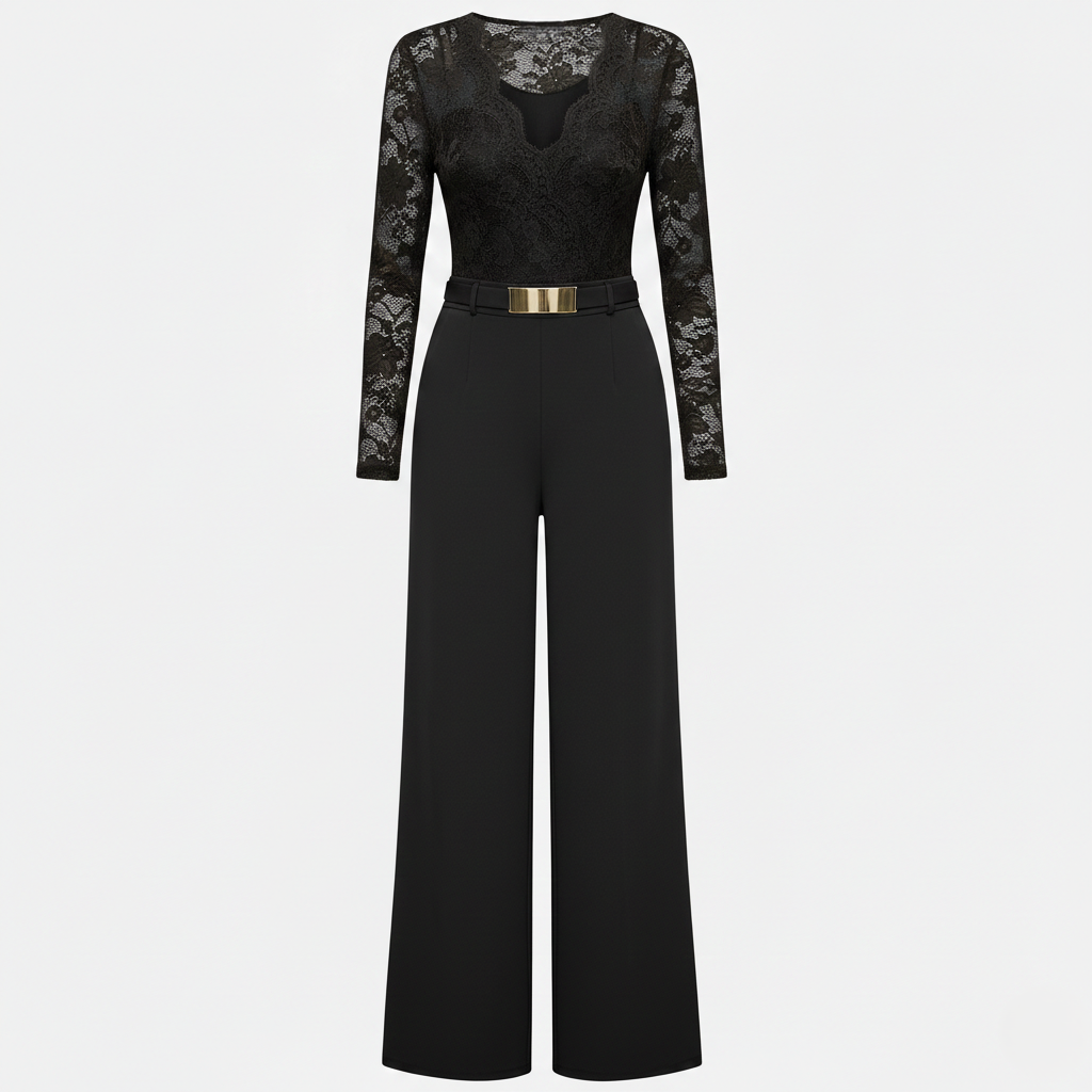 Jumpsuit Women's Lace Long Sleeve Wide Leg Belted Waist