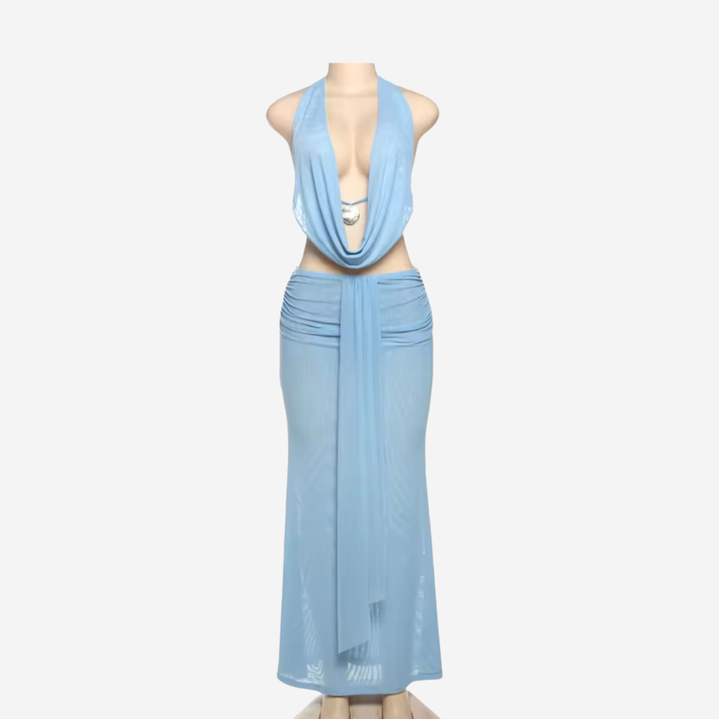 Two-piece Set Women's Halter Cowl Neck Top and Ruched Maxi Skirt