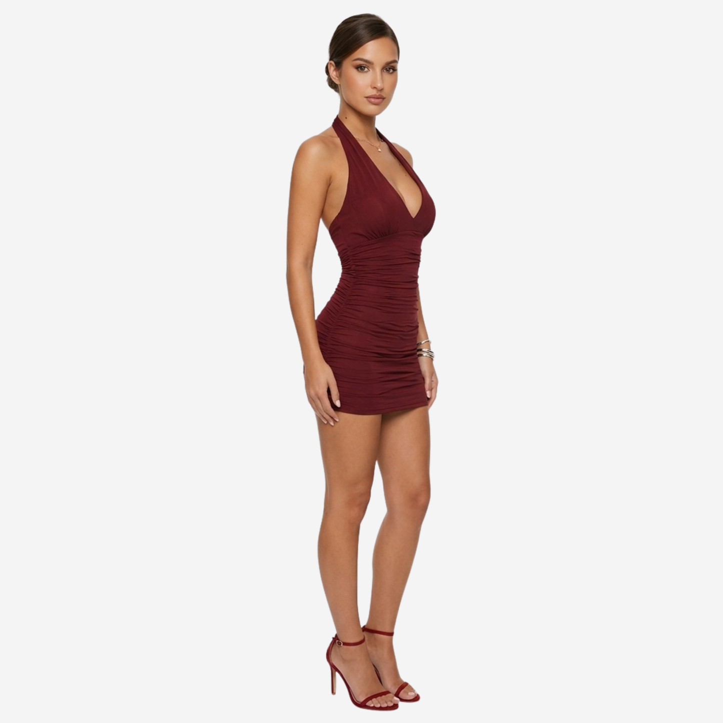 Mini Dress Women's Halter Deep V-neck Ruched Bodycon Backless