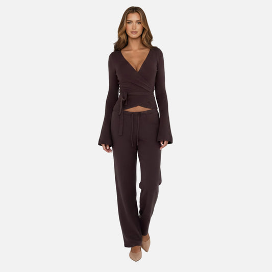 Knit Lounge Set Women's Wrap Top and Wide Leg Trousers