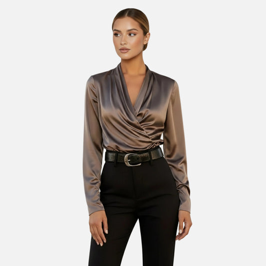 Satin Blouse Women's Draped Wrap V-neck Long Sleeve