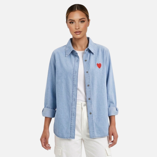 Denim Shirt Women's Button-up Long Sleeve Heart Embroidery