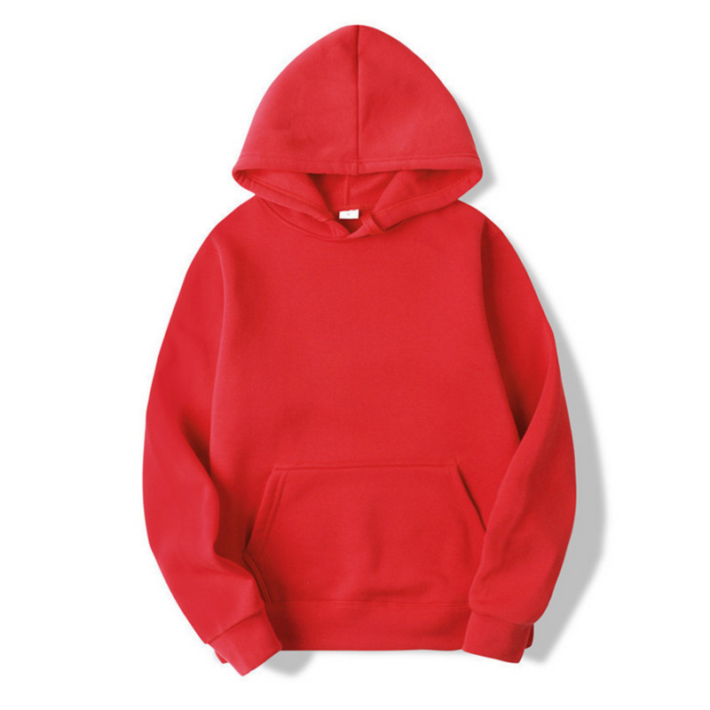 Front view of a plain red hooded sweatshirt laid flat, showing the front pouch pocket, ribbed cuffs and fleece-lined hood. 11