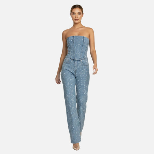 Strapless Vest Top and Straight Leg Pants Set Women’s Sequin Embellished
