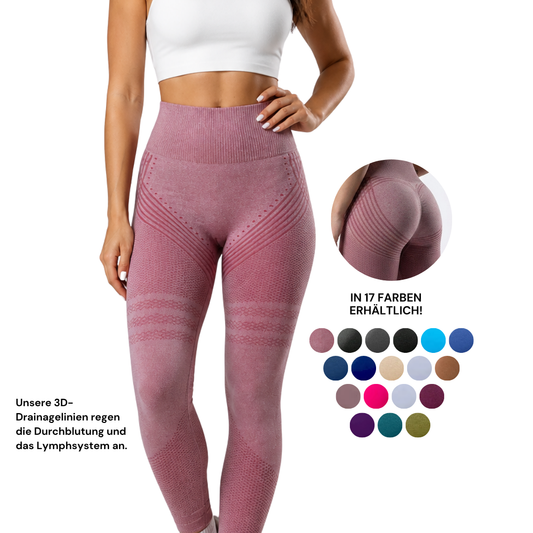 Model in dusky pink high-waisted leggings with textured line panels, a circular inset of the rear and a row of colour swatches. 1