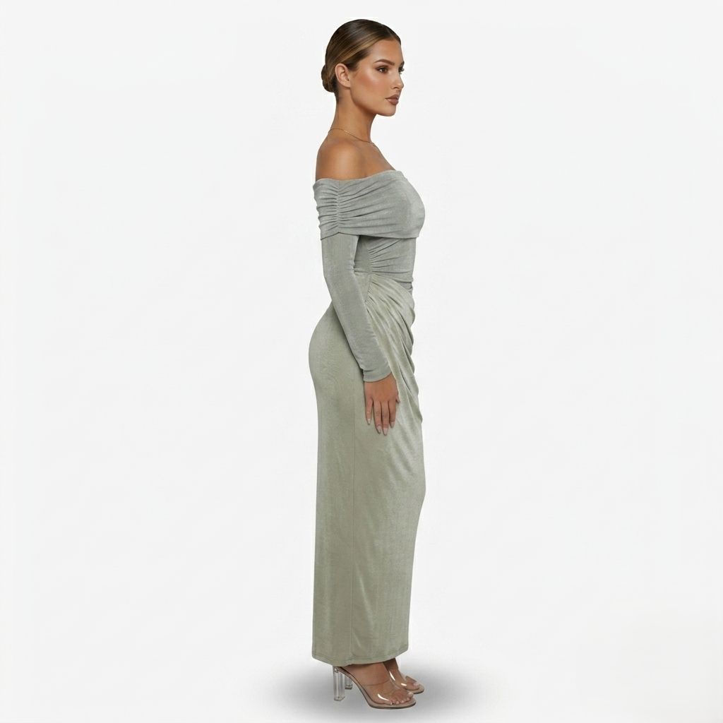 Maxi Dress Women's Off Shoulder Mesh Long Sleeve Ruched Bodycon