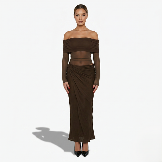 Maxi Dress Women's Off Shoulder Mesh Long Sleeve Ruched Bodycon