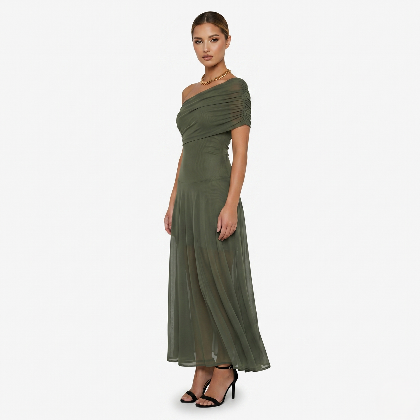 Maxi Dress Women's One Shoulder Mesh Ruched Bodice