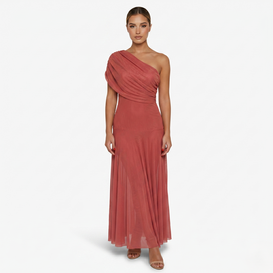 Maxi Dress Women's One Shoulder Mesh Ruched Bodice