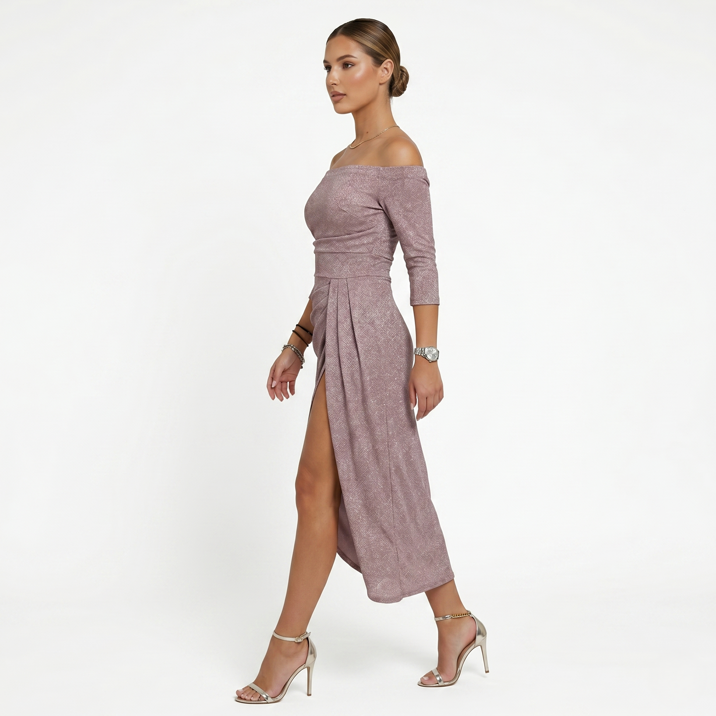 Midi Dress Women's Off Shoulder Ruched with Side Slit