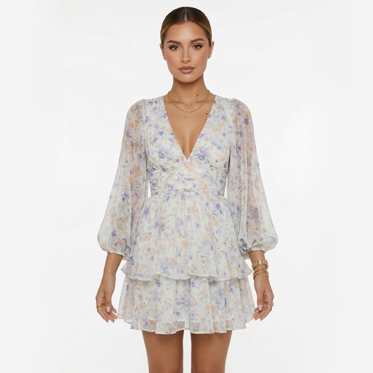 Mini Dress Women's Long Sleeve Deep V-neck Blue Floral Print Tiered Tie Back