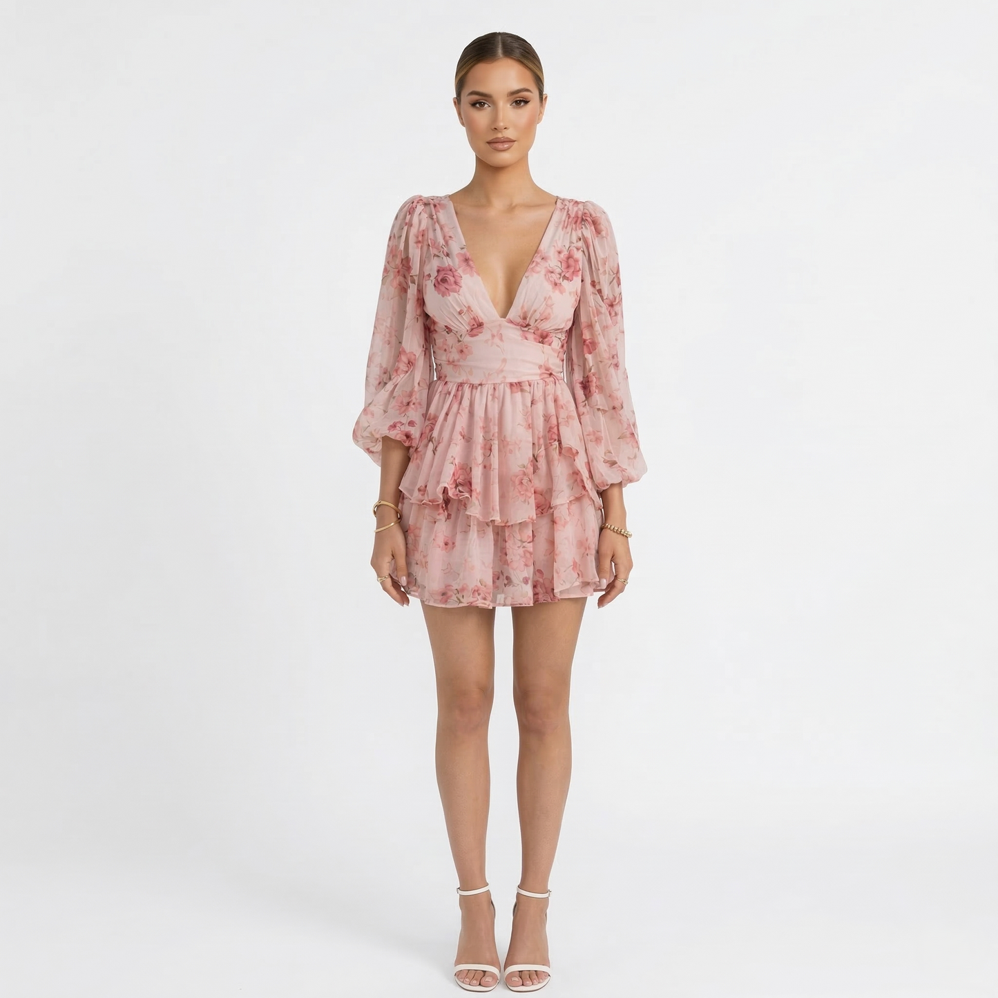 Mini Dress Women's Pink Floral Print Long Sleeve V Neck Ruffle Tiered Tie Back