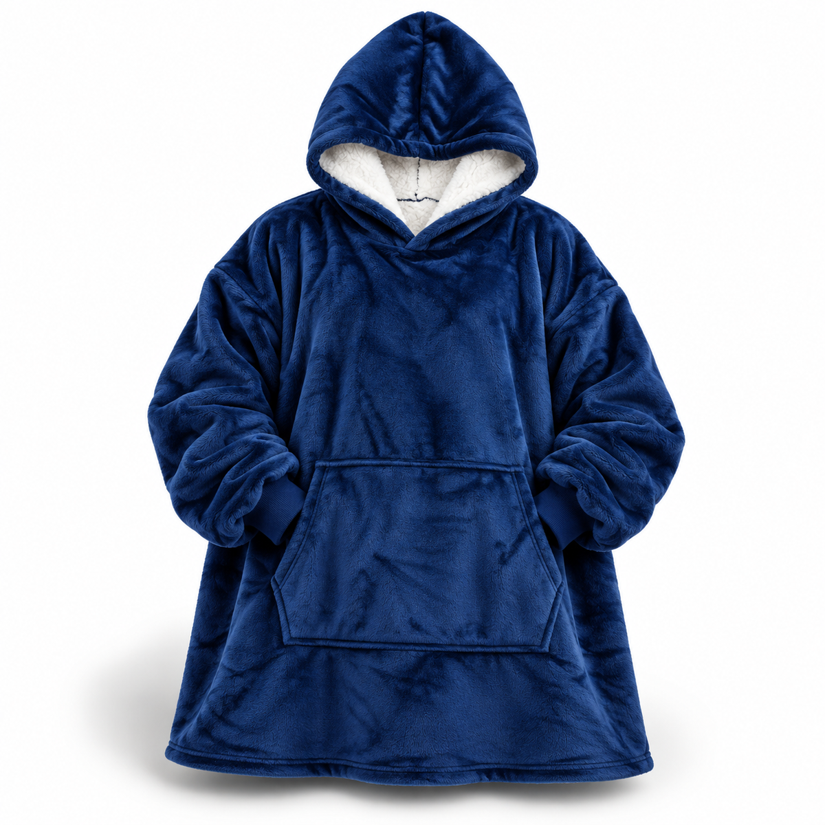 Front view of the hoodie blanket in deep blue, with white sherpa hood lining, large front pocket and ribbed cuffs. 6