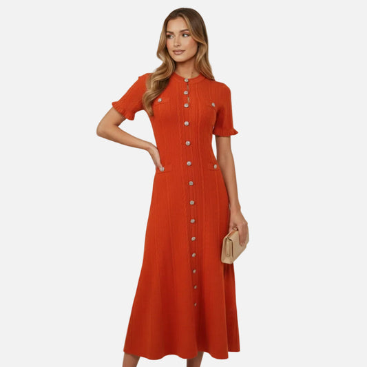 Mavenburry | Women’s Button-Front Ribbed Knit Long Midi Dress