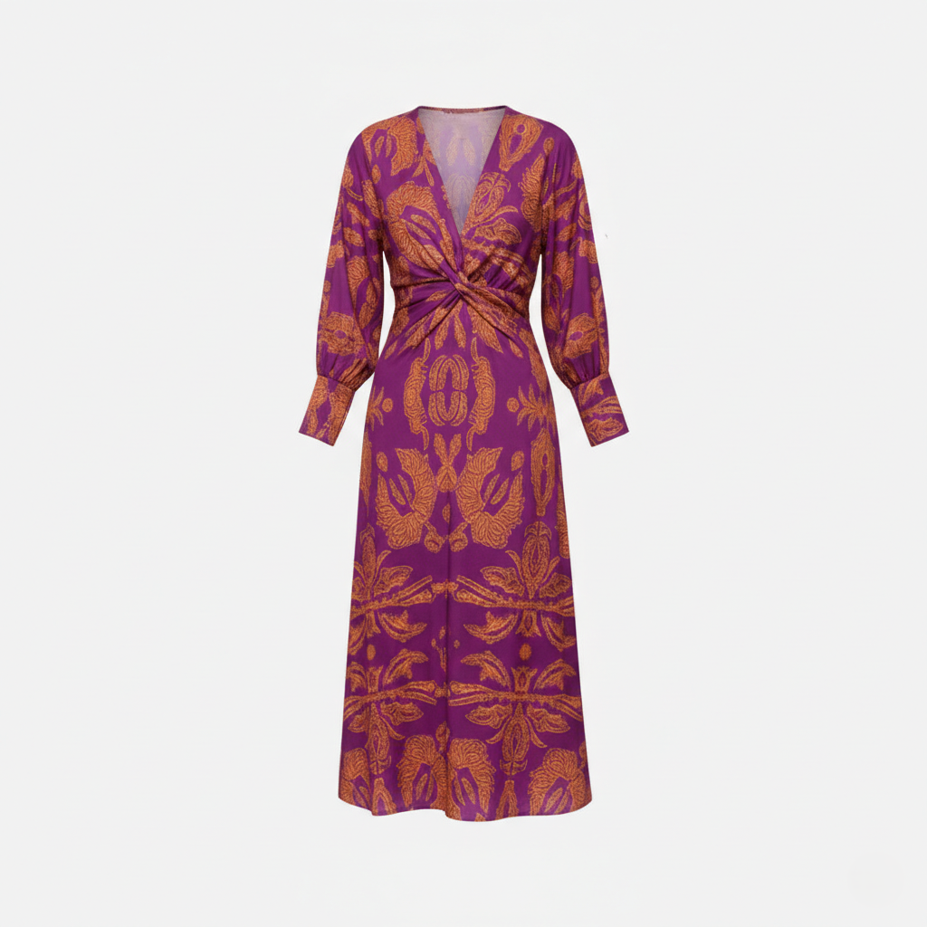 Midi Dress Women's Printed Twist Front V-neck Long Sleeve