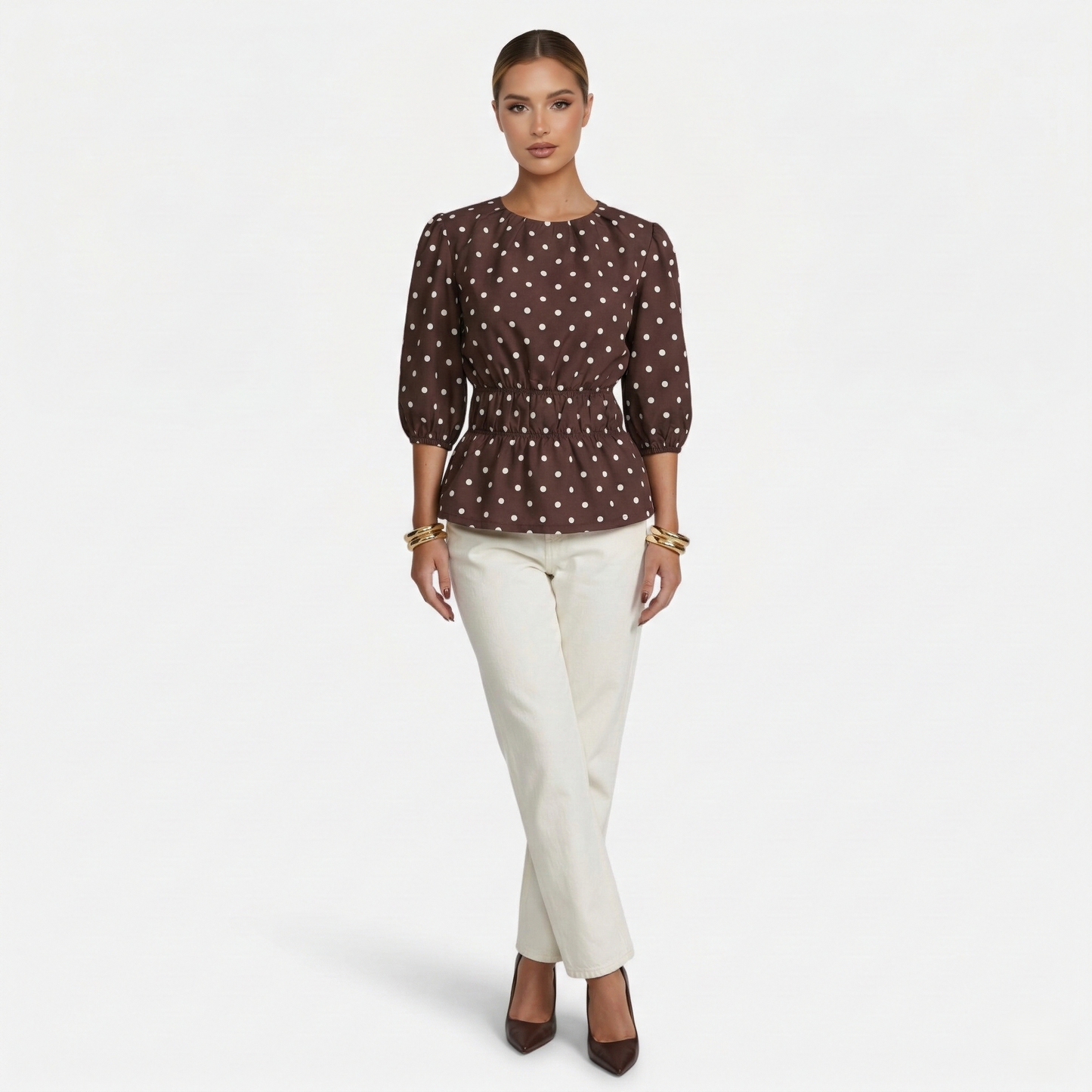 Polka Dot Blouse Women's Puff Sleeve Shirred Waist Peplum Hem