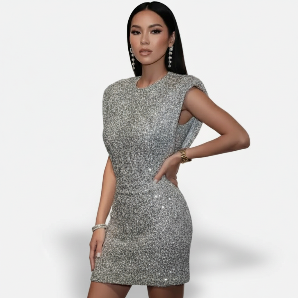 Mavenburry | Women’s Sequin Mini Dress – Structured Shoulder Design