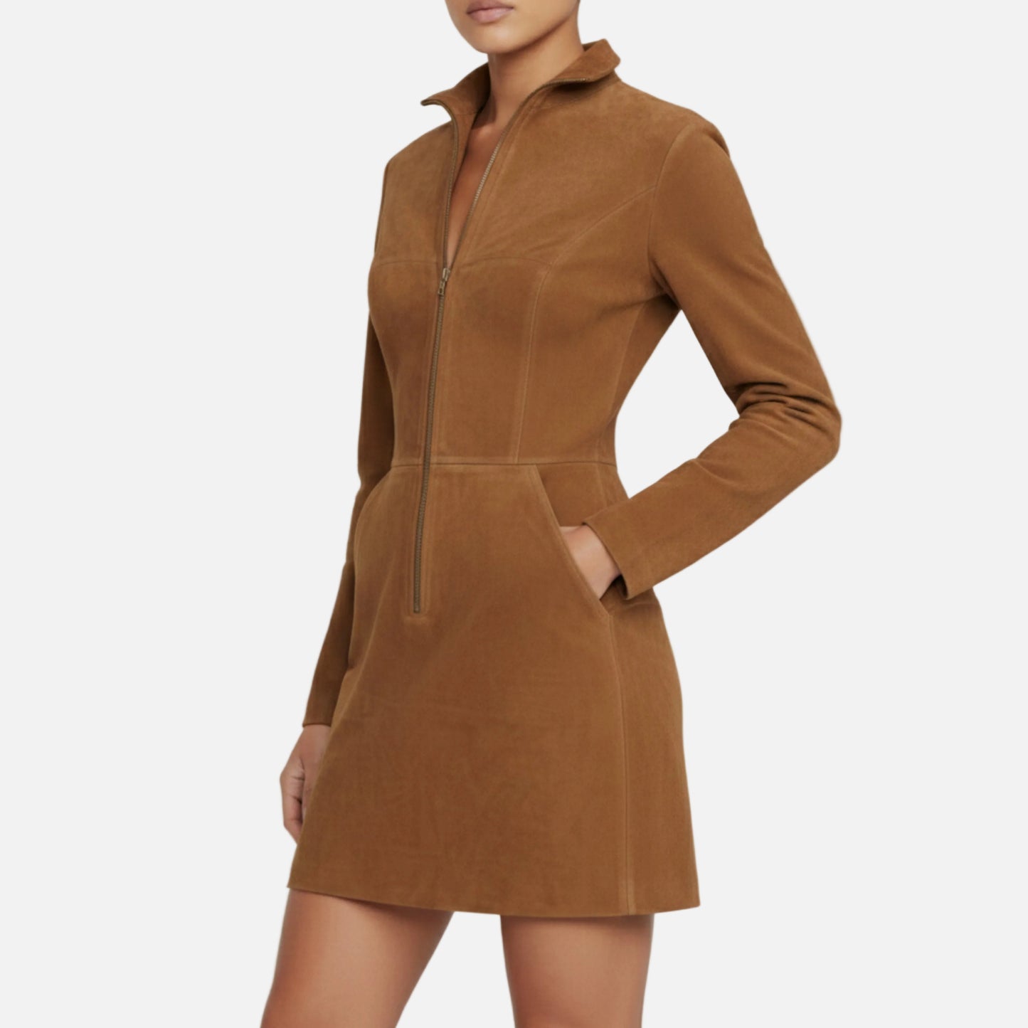 Mini Dress Women's Suede Long Sleeve Zip front