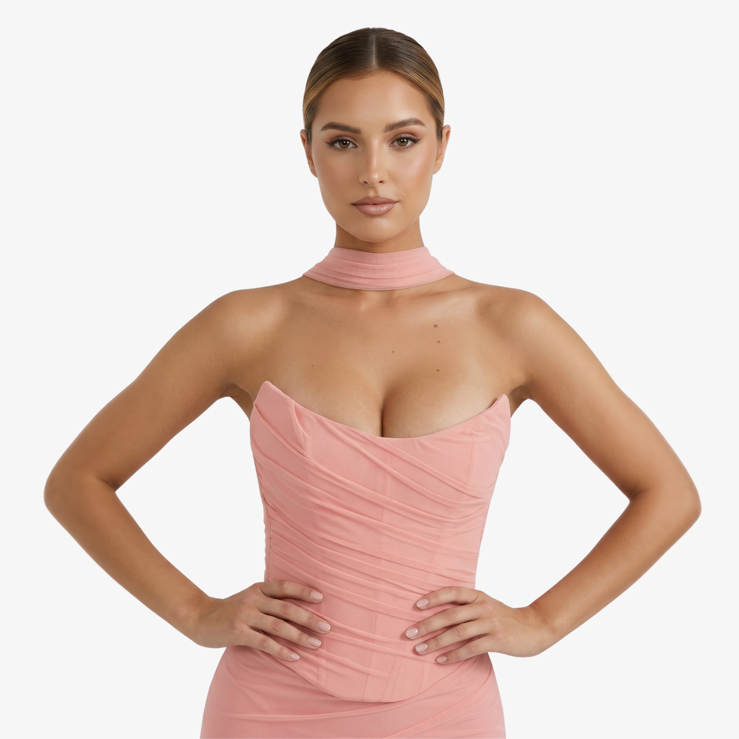 Two-piece Set Women's Mesh Strapless Top and Maxi Skirt with Neck Scarf