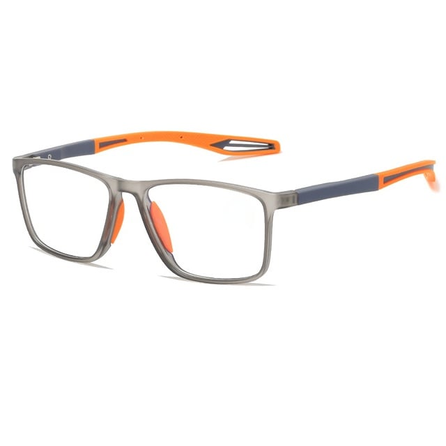 Grey square glasses with orange nose pads and orange-and-blue-grey arms, shown at an angle on white. 10