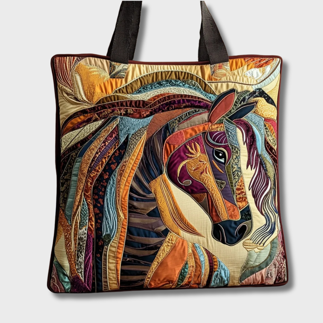 Front view of the patchwork horse tote with dark handles, shown against a plain light background. 2