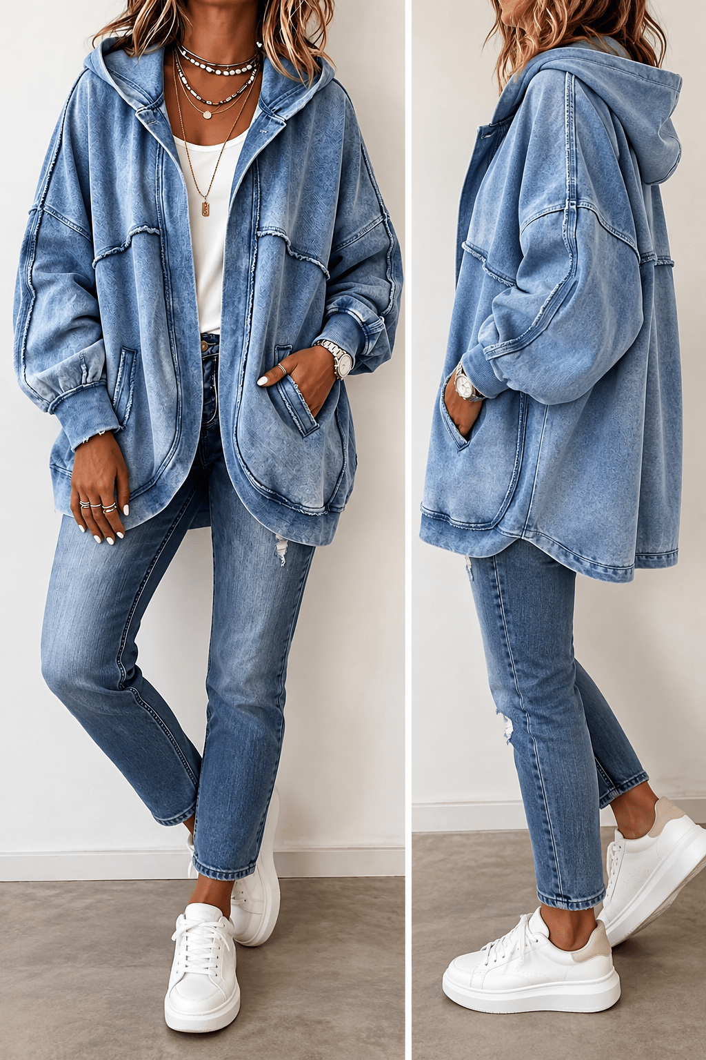 Two full-length views of the oversized blue hooded jacket styled with jeans and white trainers, from the front and the side. 3