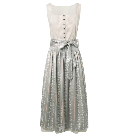 Pinstriped cream dirndl bodice with a row of buttons and a grey floral-patterned apron tied in a satin bow, shown on a plain white background. 1