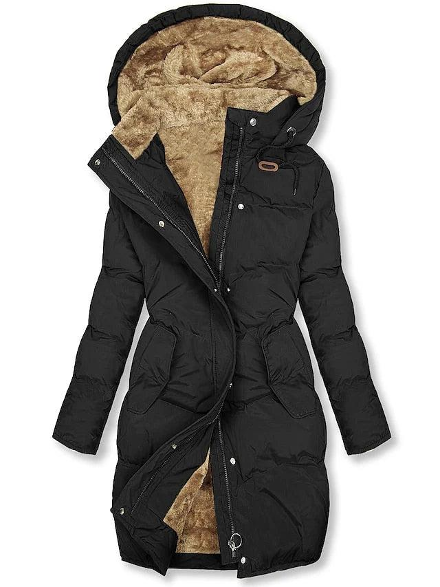 Front view of the padded coat in black, unzipped to reveal a warm camel fleece lining inside the hood and body. 3