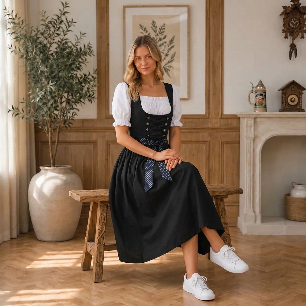 Seated three-quarter view of the dirndl on a wooden bench, showing the bodice, ribbon bow and full skirt beside a cuckoo clock. 4