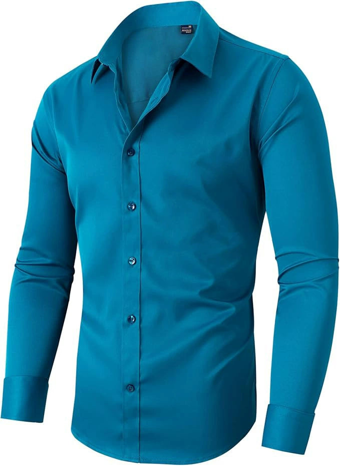 Teal blue long-sleeved shirt with matching buttons and button cuffs, shown from a slight angle with the collar open. 9