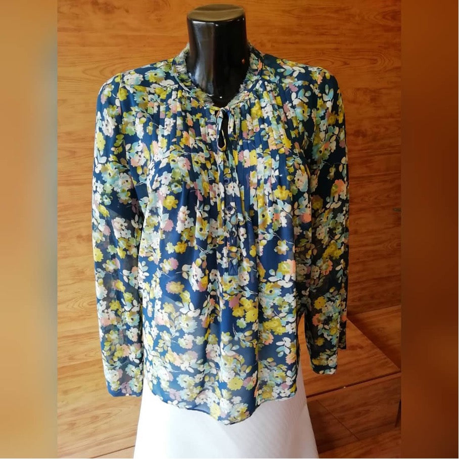 Sheer Floral Blouse - Navy - Pleats & Bow - Long Sleeve