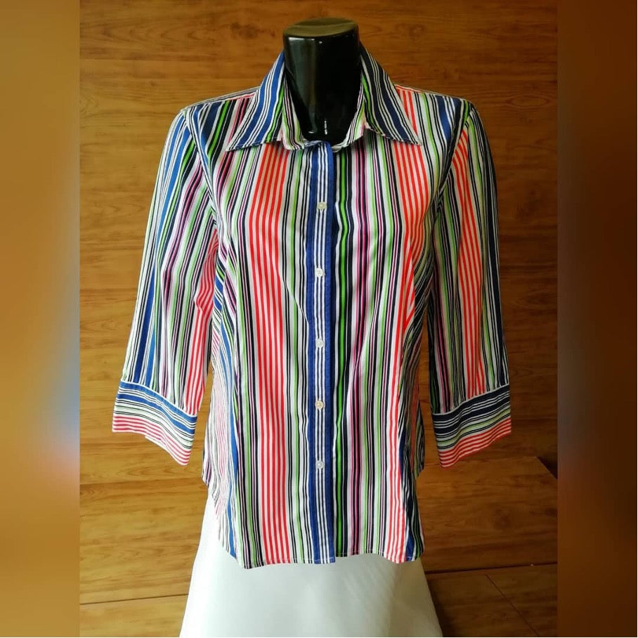 Striped Cotton Blend Blouse - Multicolor - Collar & 3/4 Sleeves