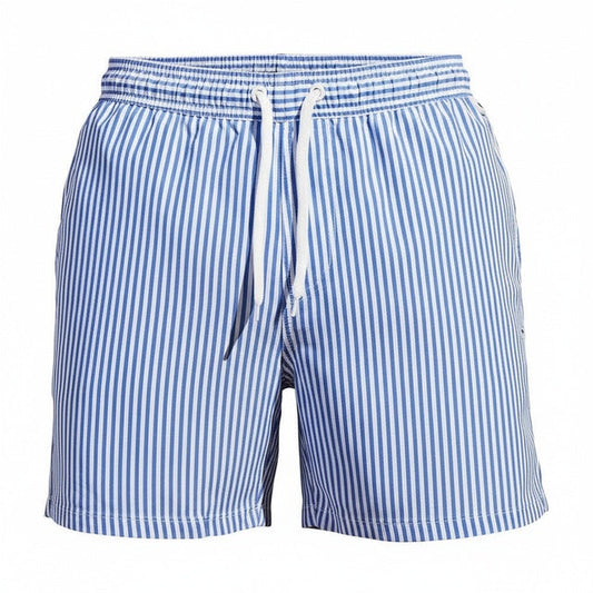 Blue and white vertically striped swim shorts with white drawstring and elasticated waistband, shown flat from the front on a plain background. 1