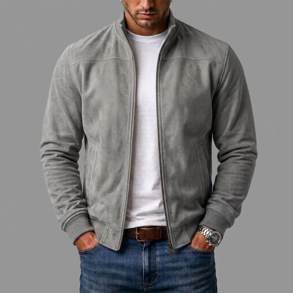 Light grey suede bomber jacket worn unzipped by a model, styled with a white t-shirt, jeans and watch. 7