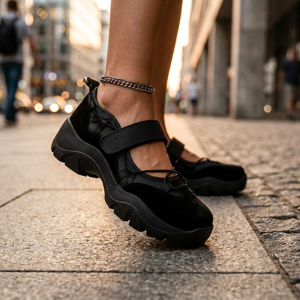 Side view of black suede shoes with a chunky sole and strap, worn with a silver chain anklet on a city pavement. 13