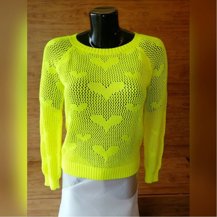 Neon Crochet Sweater - Heart Motive - Airy Knit - Bright Yellow - Long Sleeve