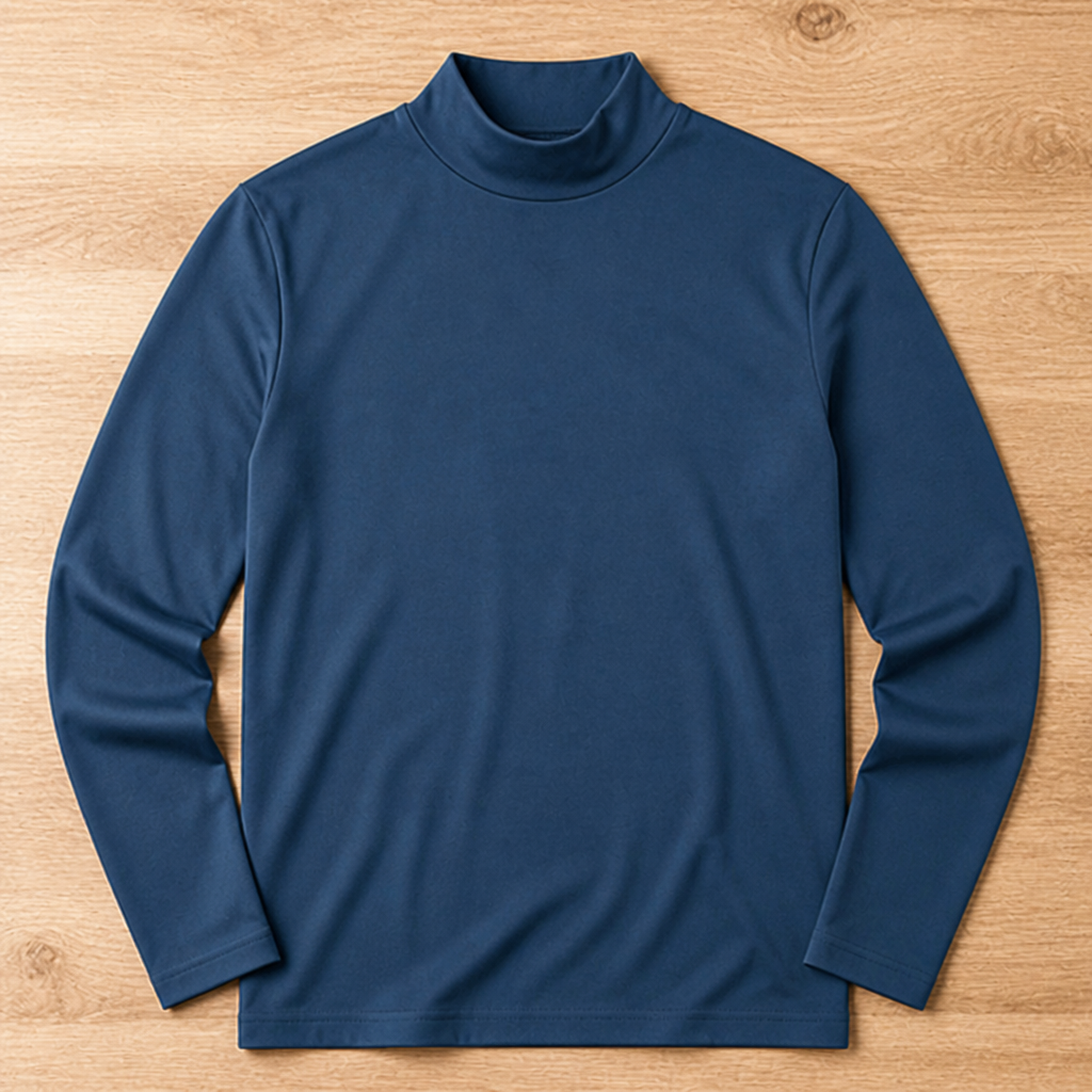 Navy blue version of the long sleeve high-neck tee laid flat on a wooden floor. 12