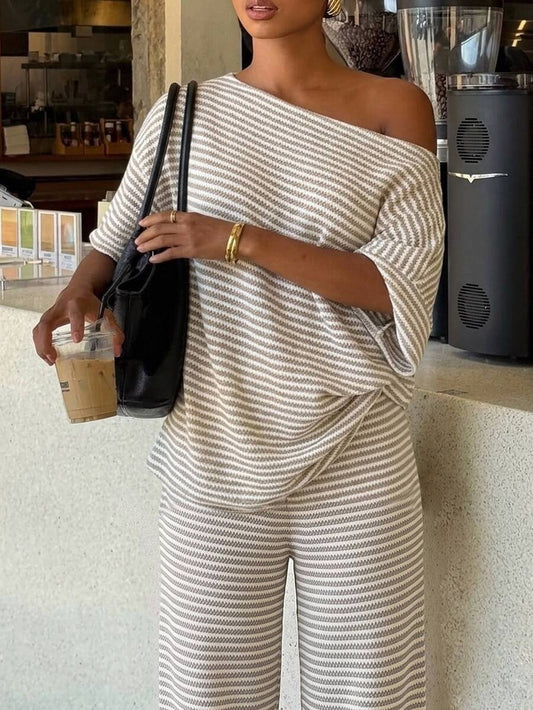Siren Gaze Women's Fall White Casual Striped Asymmetric Collar T-Shirt Pants 2 Pieces Set Back To School Going Out Y2k Basic Streetwear Gym Halloween Sports Gym