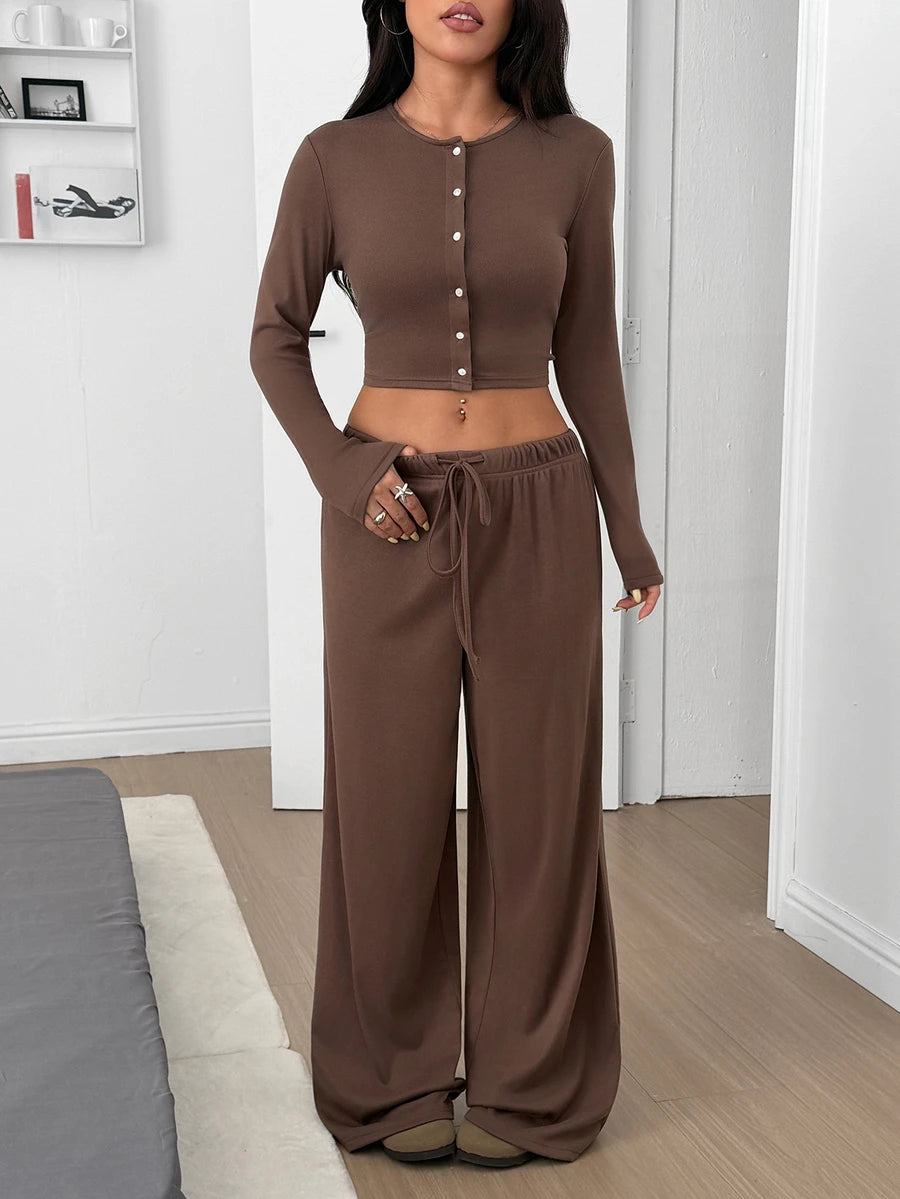 SHEIN EZwear Women's Solid Black Knit Casual Long Sleeve Top And Pants Homewear Set Woman 2 Pieces Outfits 2 Pieces Casual Sets Woman