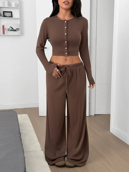 SHEIN EZwear Women's Solid Black Knit Casual Long Sleeve Top And Pants Homewear Set Woman 2 Pieces Outfits 2 Pieces Casual Sets Woman