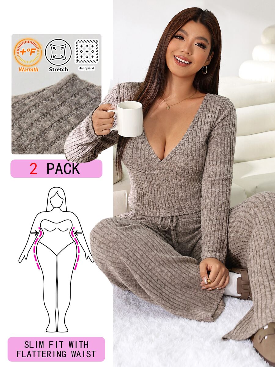 GalTyme Plus Size Contrast Color Long Sleeve Top & Pants 2 Pieces Set,Cerise Pink,Autumn,Smart Casual,Everyday,Chic Elegant Y2k Party Christmas Vacation Fall
