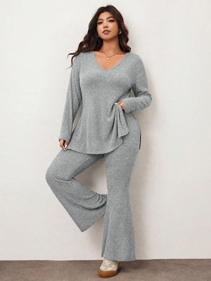 Enliva Plus Size Casual Home Wear 2 Pieces Set: Minimalist Off-Shoulder Ribbed Design, Suitable For Autumn/Winter, Flattering For Curvy Figures Fall