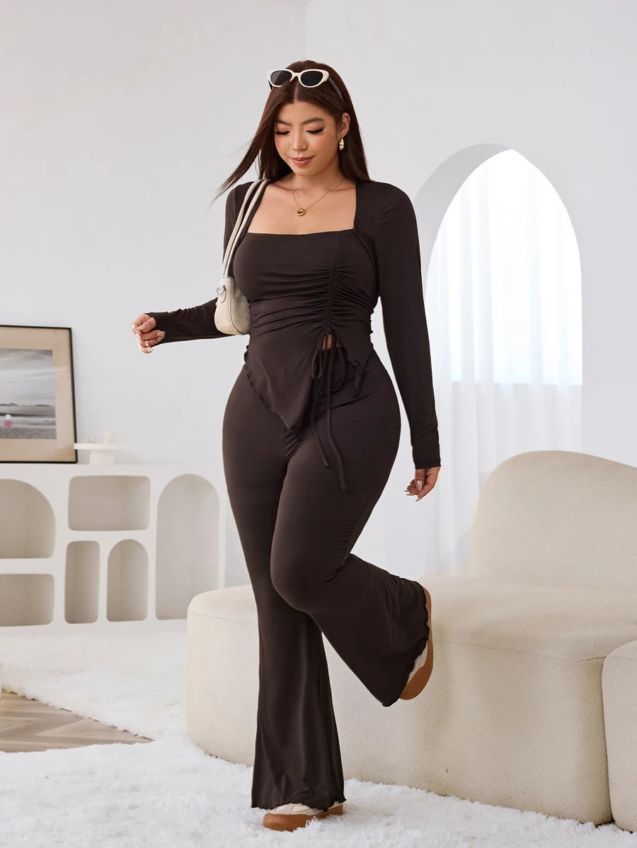 GalTyme Plus Size Women's Casual Asymmetrical Hem Tie Top And Flared Leg Pants Set Fall