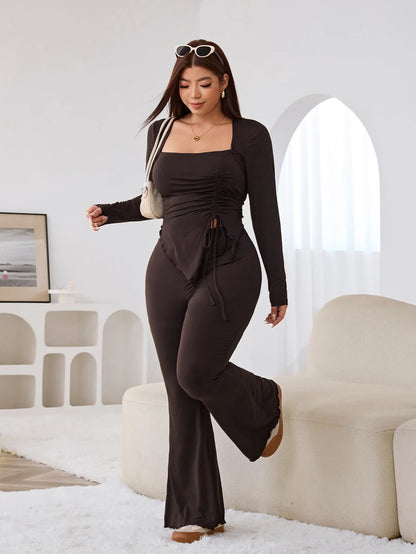 GalTyme Plus Size Women's Casual Asymmetrical Hem Tie Top And Flared Leg Pants Set Fall