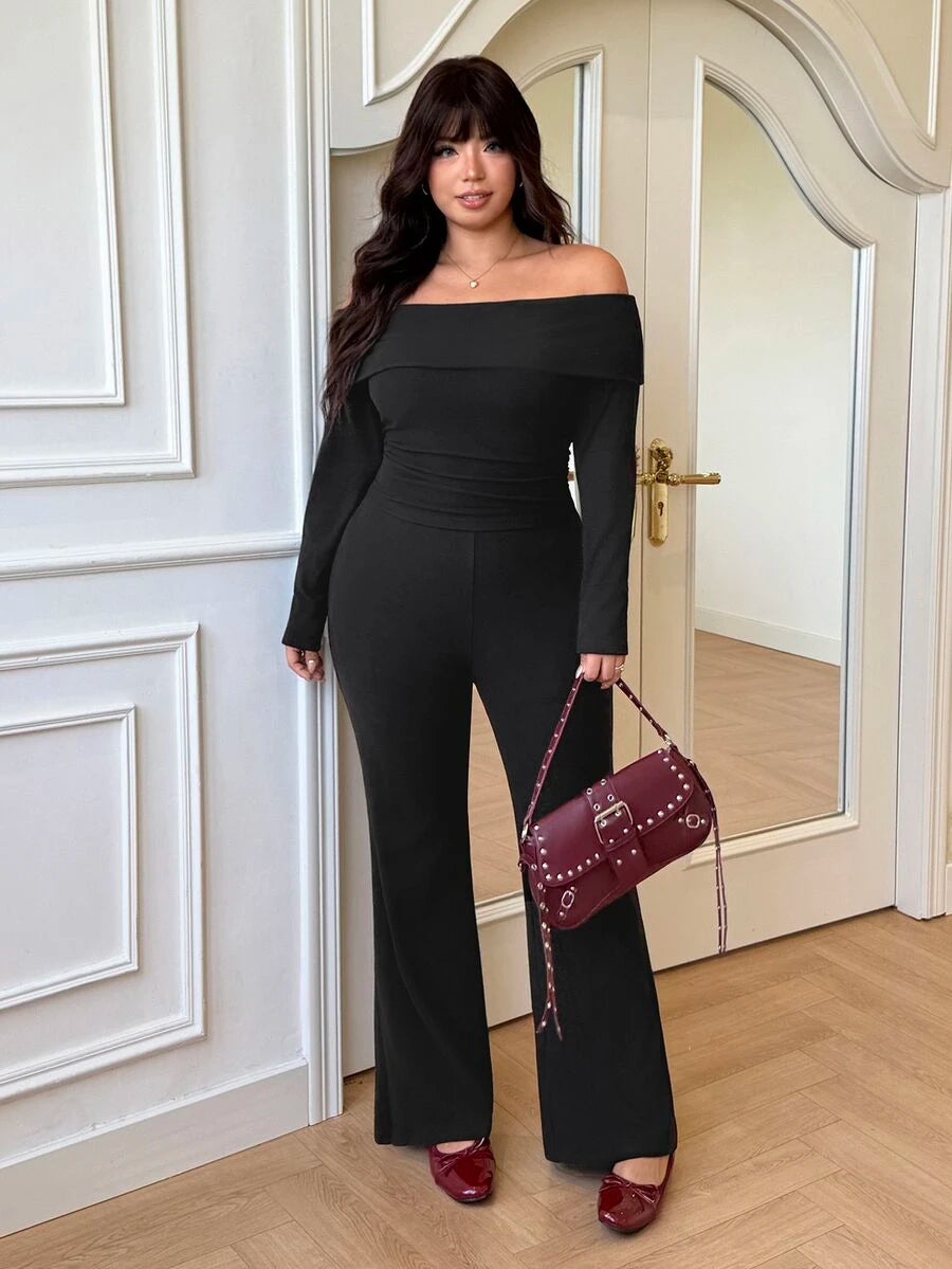 SHEIN EZwear Plus Size Woman Off Shoulder Ribbed 2 Pieces Set,Winter Long Sleeve Pants Sets,Christmas Lounge Set,Burgundy,Autumn,Smart Casual,Everyday Comfortable