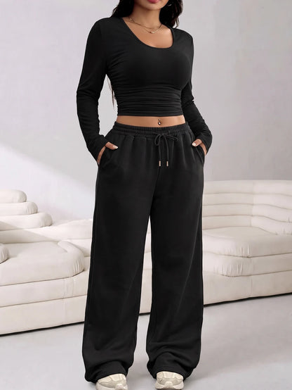 GalTyme Plus Size Women's Solid Color Long Sleeve T-Shirt And Wide Leg Pants Casual 2-Piece Set Fall