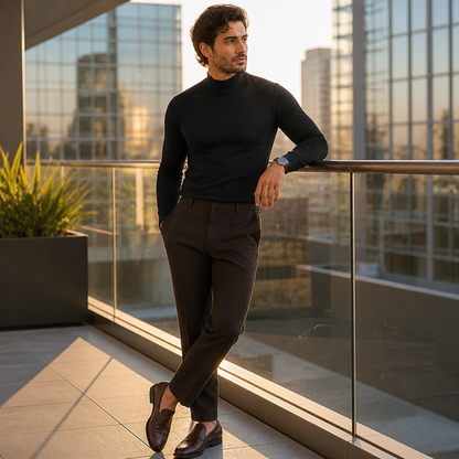 Model in the black high-neck tee with dark trousers and brown loafers, leaning on a glass balcony rail at sunset. 1