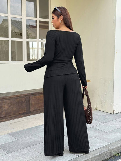 Solflare Plus Size Textured Long Sleeve Top And Loose Pants With Pockets 2 Pieces Set Fall