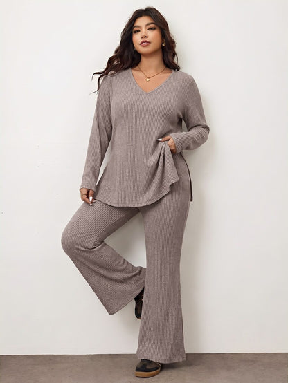 Enliva Plus Size Casual Home Wear 2 Pieces Set: Minimalist Off-Shoulder Ribbed Design, Suitable For Autumn/Winter, Flattering For Curvy Figures Fall